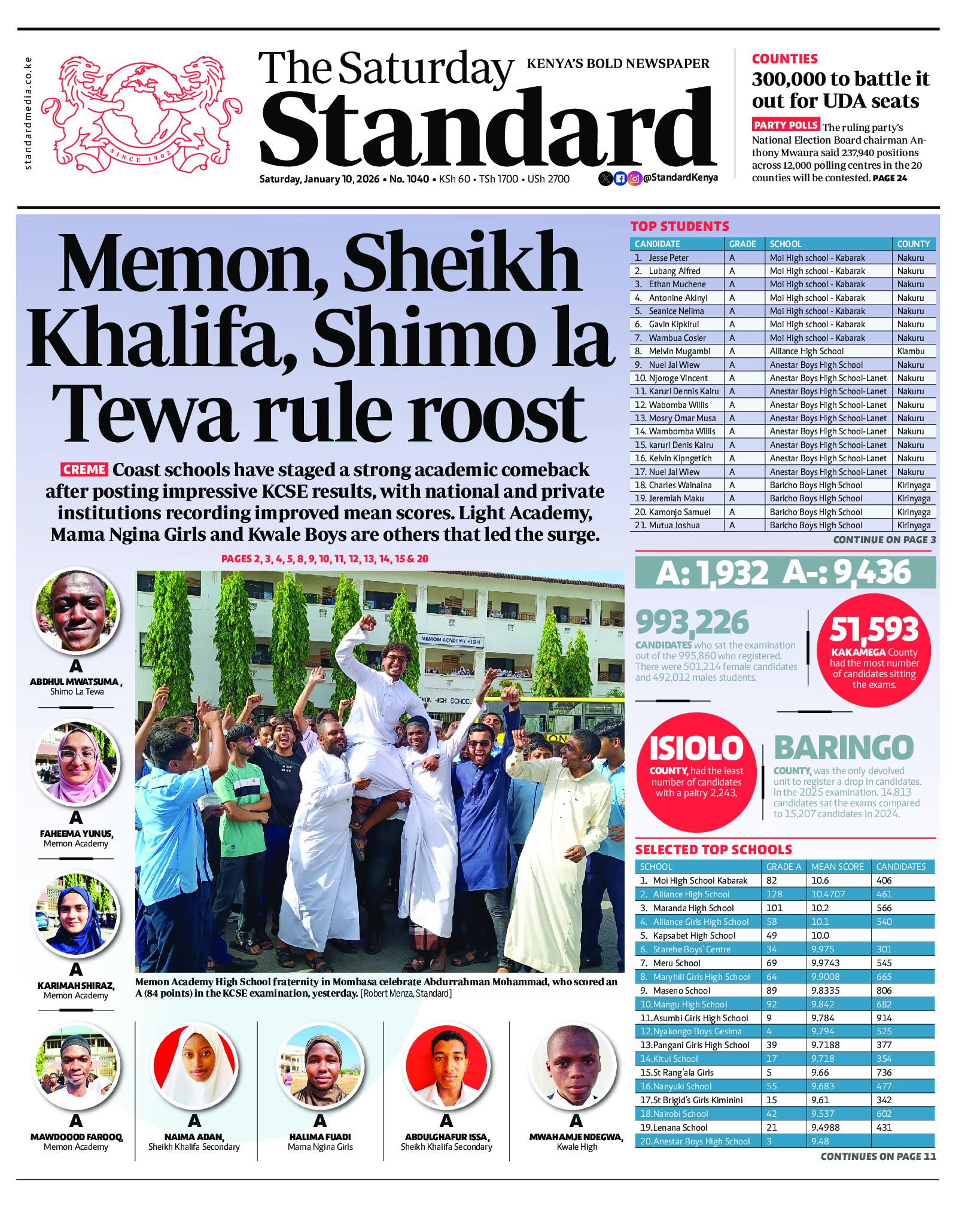 The Standard Newspaper page 1