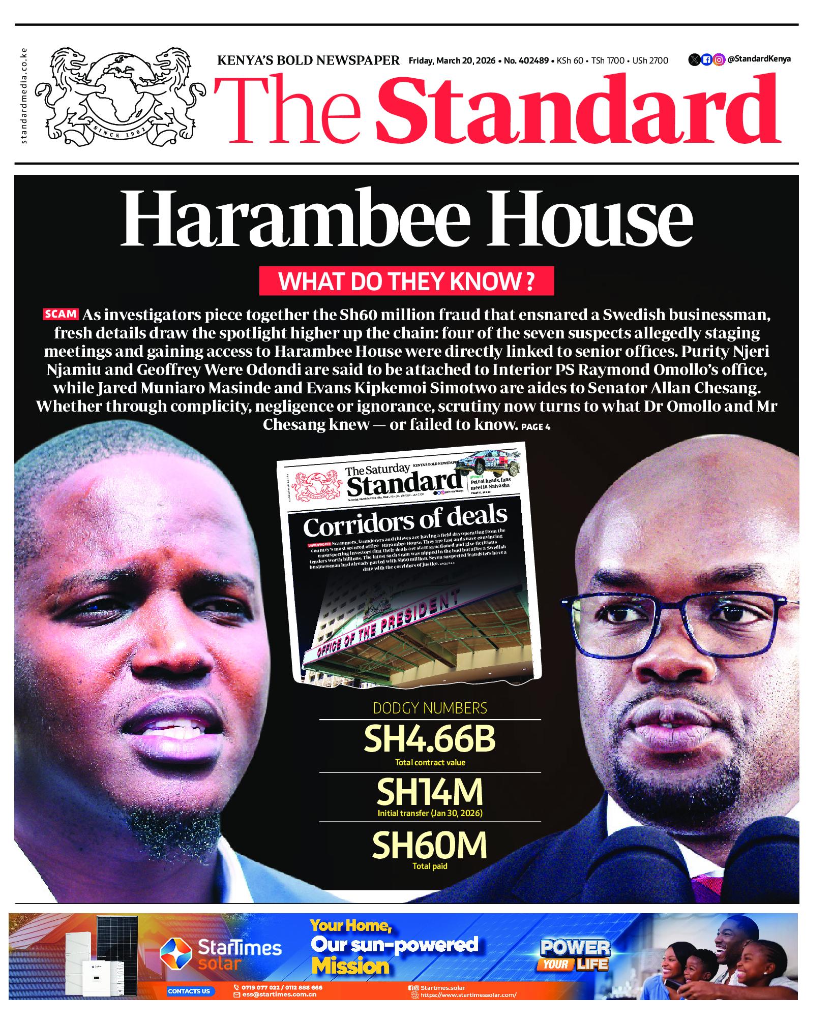 The Standard Newspaper page 1