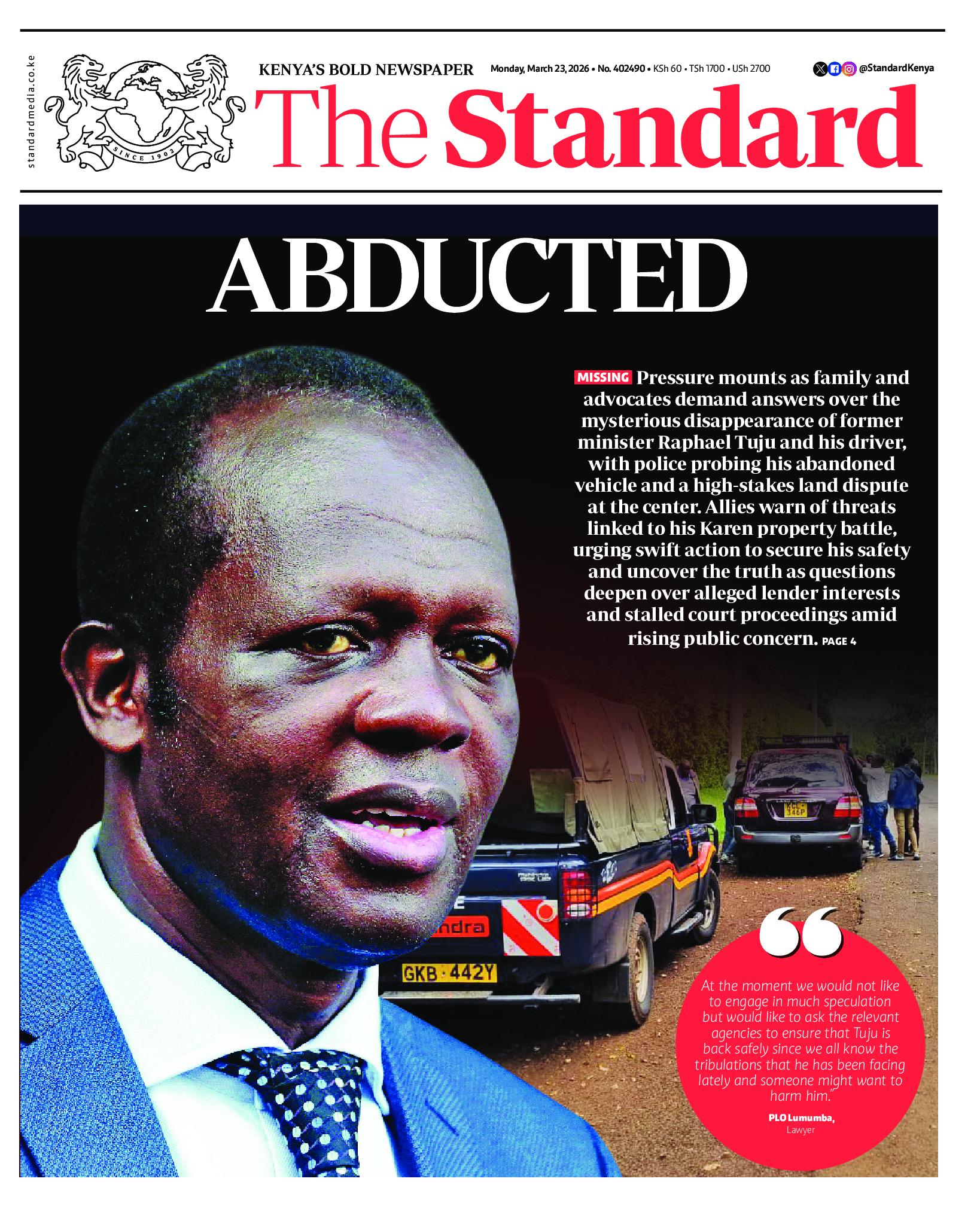 The Standard Newspaper page 1