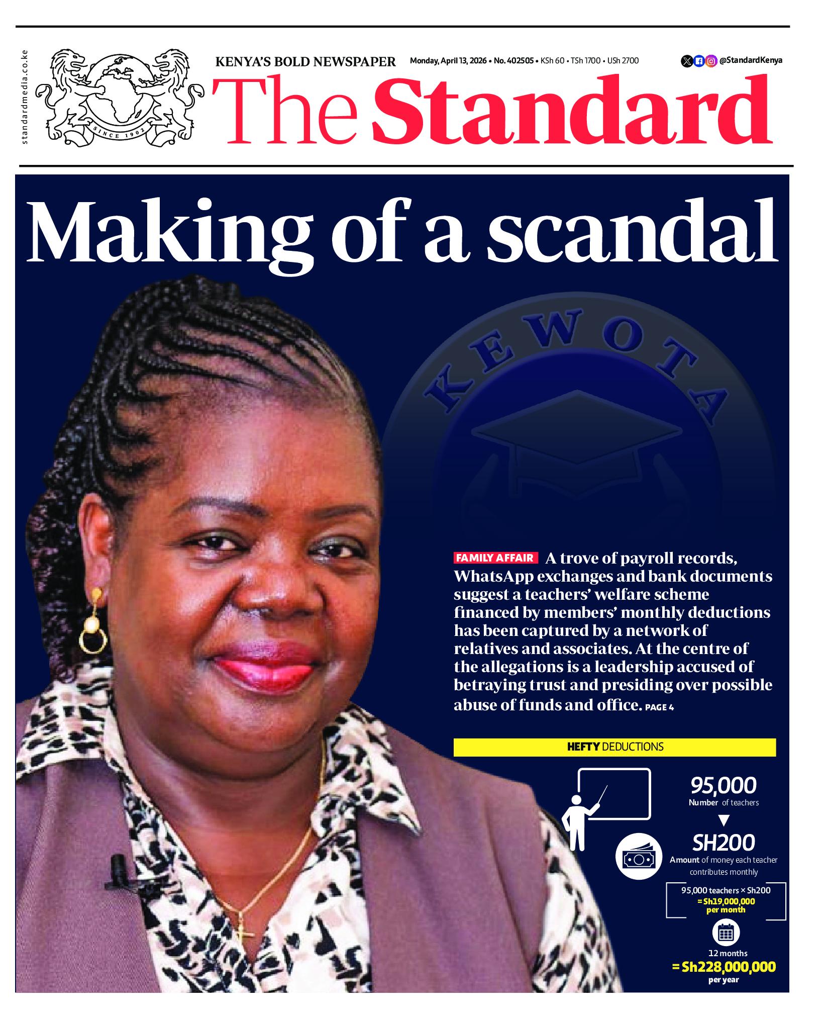 The Standard Newspaper page 1