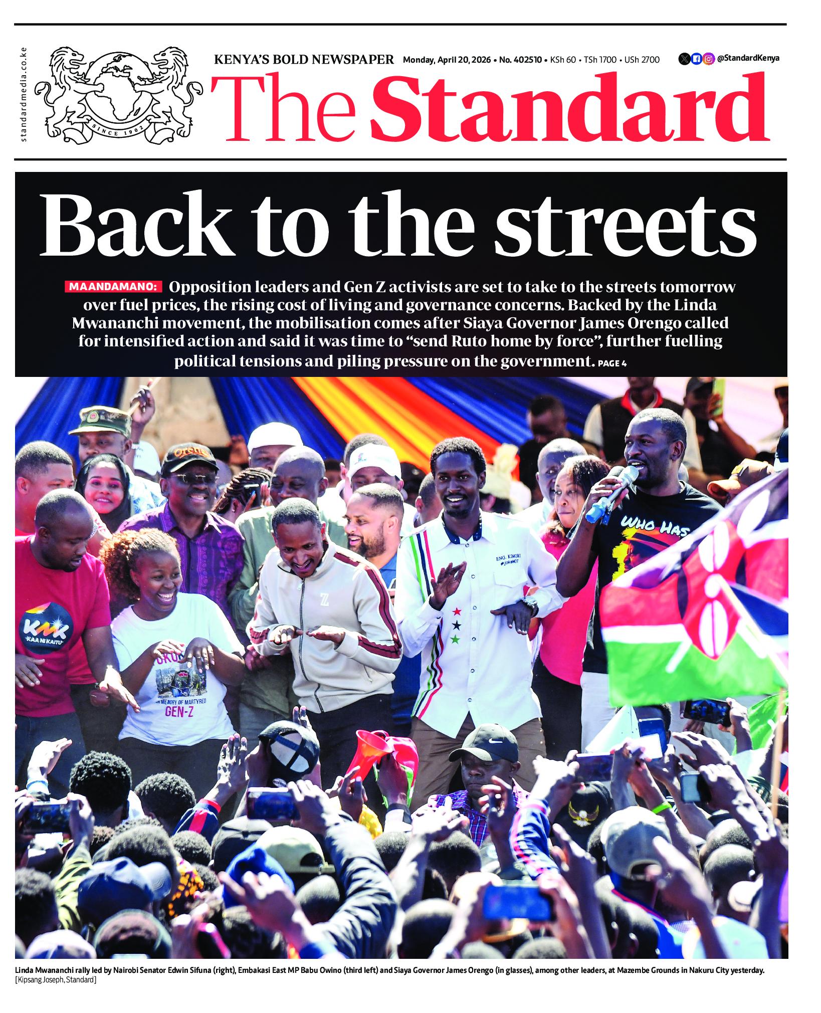 The Standard Newspaper page 1