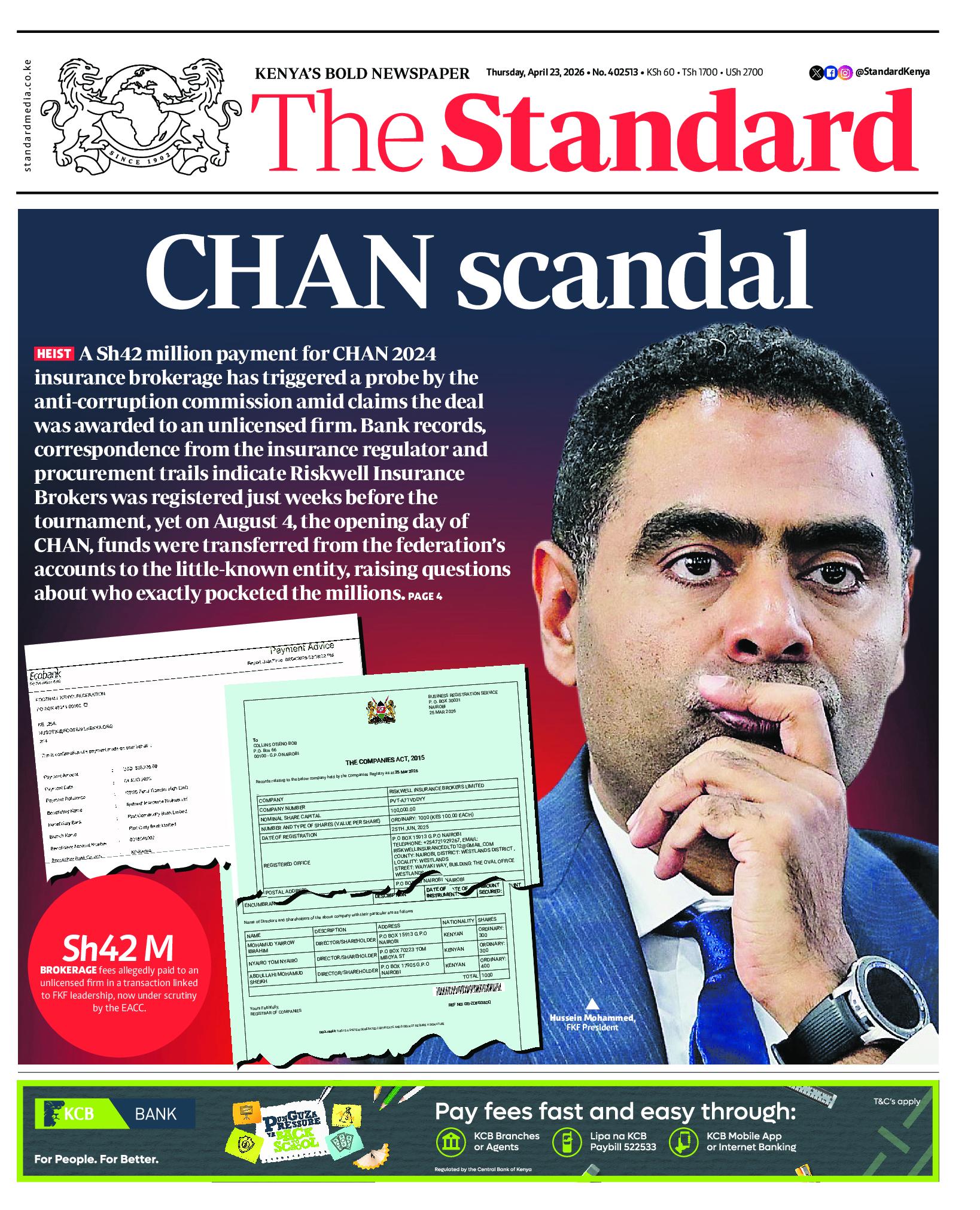 The Standard Newspaper page 1