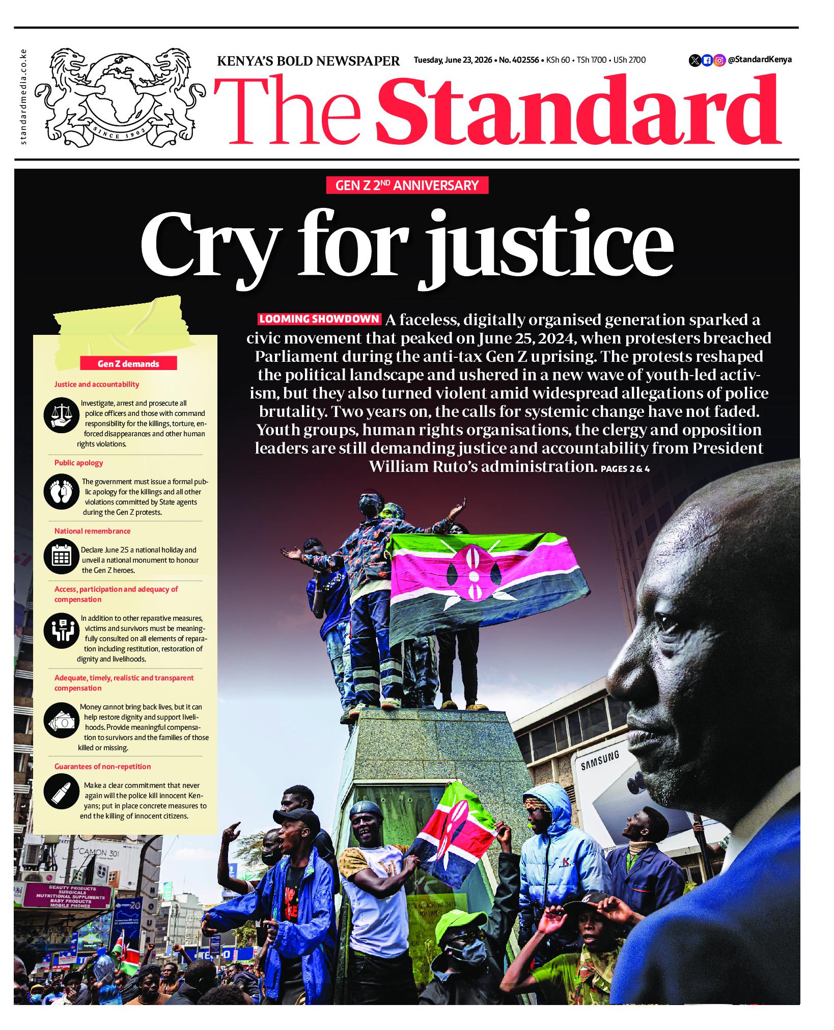The Standard Newspaper page 1
