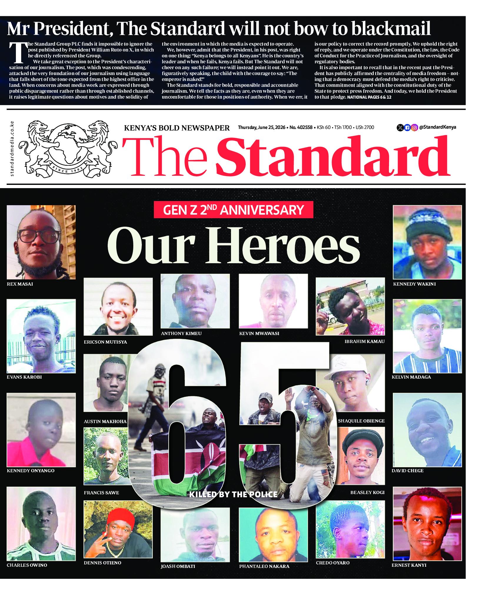 The Standard Newspaper page 1