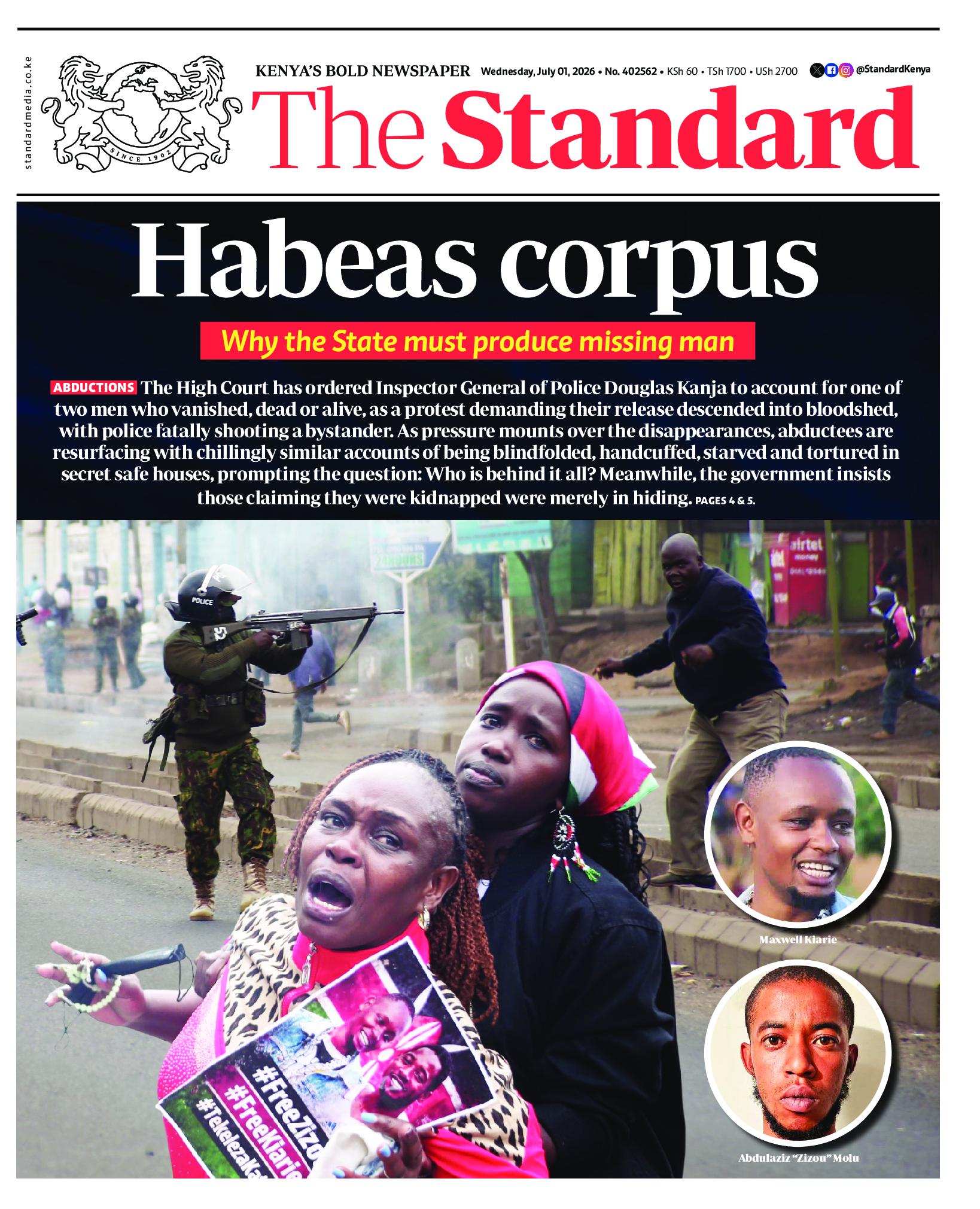 The Standard Newspaper page 1