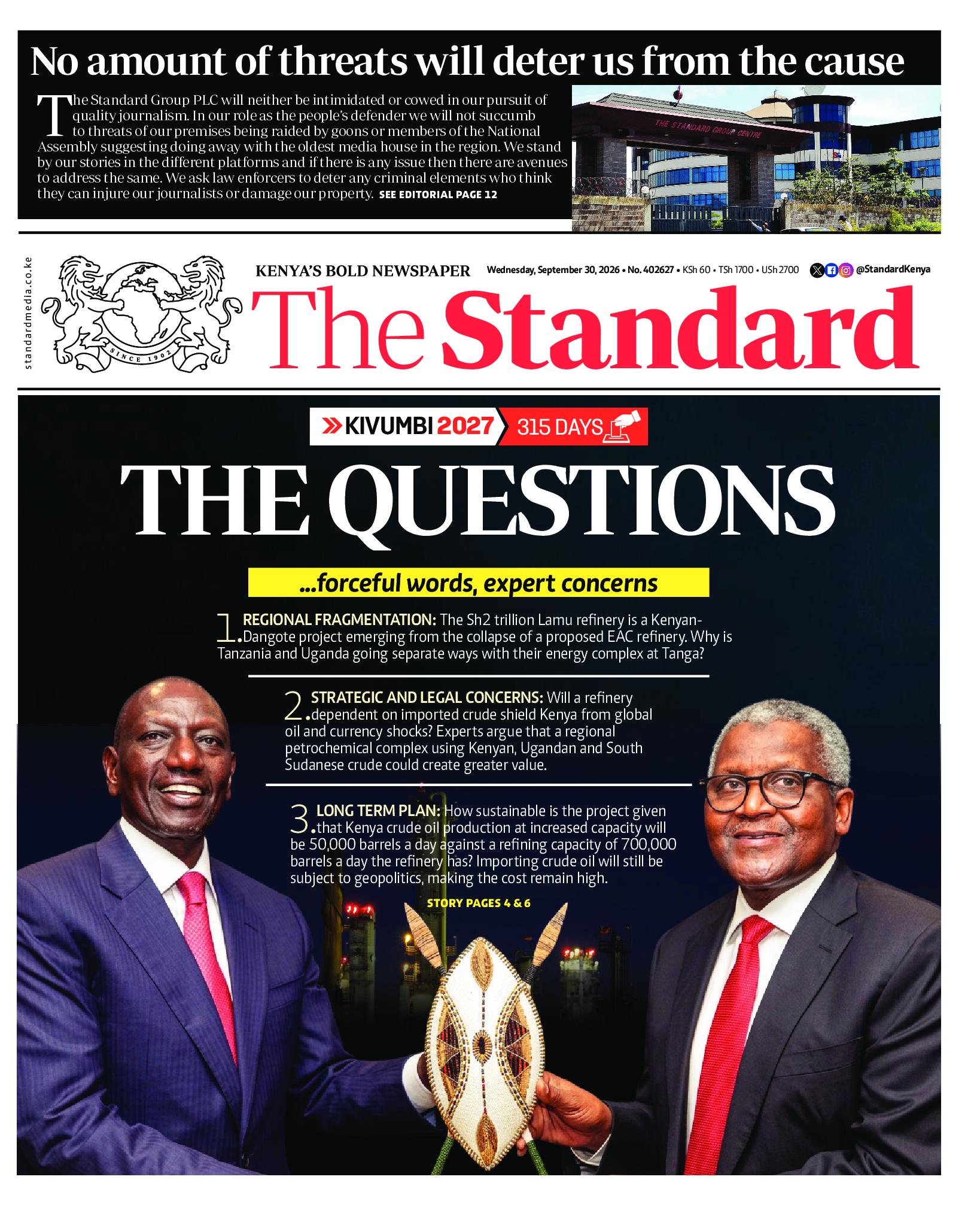 The Standard Newspaper page 1