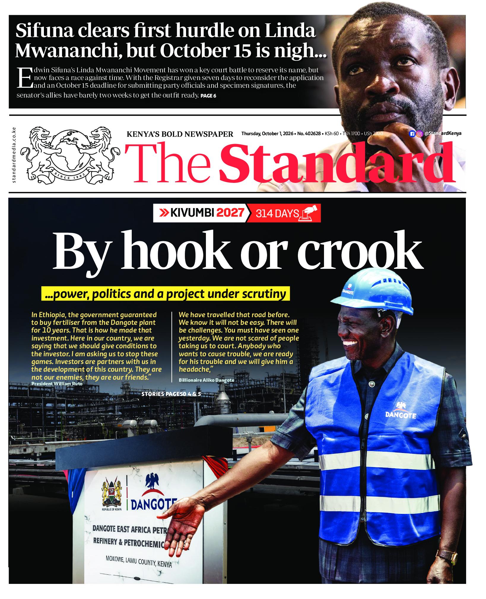 The Standard Newspaper page 1